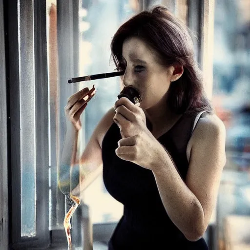 Image similar to the most beautiful woman in the world smoking a pipe. sharp colour photograph. soft lighting. depth of field. trending on artstation.