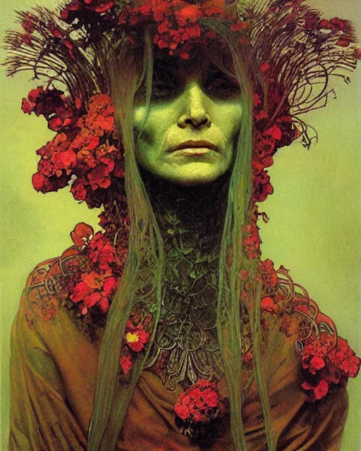 Image similar to flowerpunk portrait of a fierce old matriarch by paul lehr, beksinski, alphonse mucha