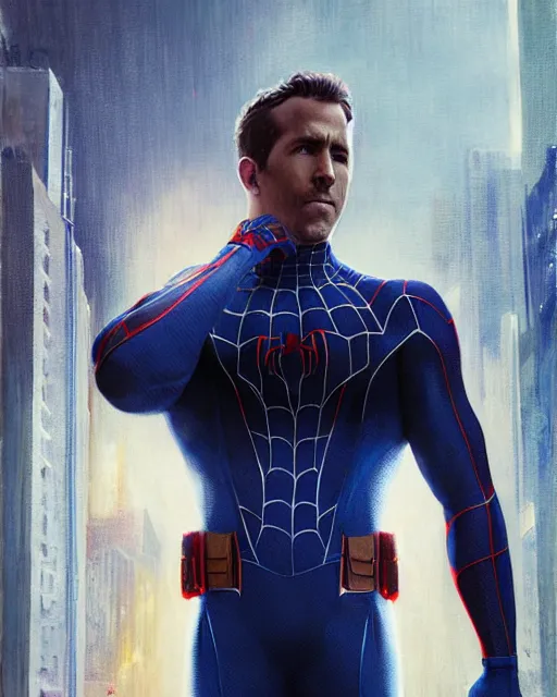 Image similar to ryan reynolds as a black and blue suit spider - man, cinematic, volumetric lighting, f 8 aperture, cinematic eastman 5 3 8 4 film, photorealistic by greg rutkowski, by stanley artgerm, by alphonse mucha