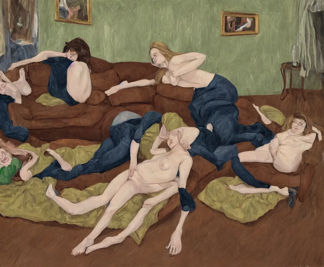 Image similar to portrait of two women lying horizontal, in an empty old english apartment with wooden floor on a brown leather sofa. one is wearing a dark blue sweather, the other a white shirt. brown hair, they are looking into the camera. wide shot. in the style of lucien freud. oil painting. green mood. isometric perspective