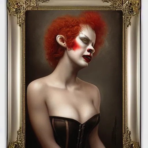 Image similar to by Tom Bagshaw, ultra realist soft painting of a carnival curiosities, single female clown in a corset, symmetry accurate features, very intricate details, focus, curvy, award winning, ultra dense fog
