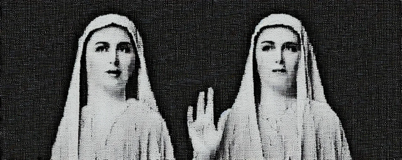 Image similar to vhs static overlay of marian apparition, vhs, 1 9 9 0, highly realistic, highly detailed, vhs noise static, black and white, vhs glitch