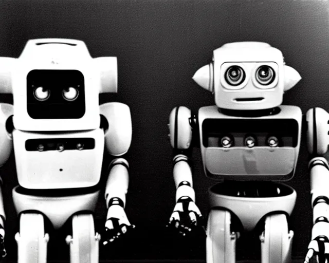 Prompt: middle shot, two robots are in love with each other pose for a photo, circa 1 9 8 4