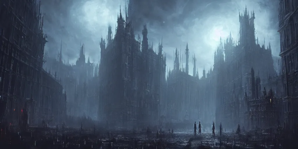 Image similar to a huge megacity in the style of bloodborne, dark souls, demon souls, gothic art, dark fantasy, concept art, digital painting, volumetric lighting, trending on art station, night time, moon light, god rays, highly detailed