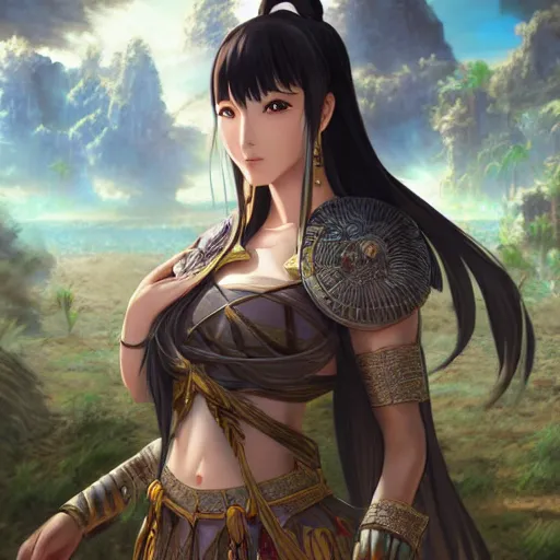 Prompt: ancient asian dynasty princess, three kingdom, dynasty warriors, standing in an oasis in the desert, anime movie, beautiful, elegant, headshot, long black hair, digital painting, smooth, concept art, art by makoto shinkai, wlop, livia prima, artgerm, greg rutkowski