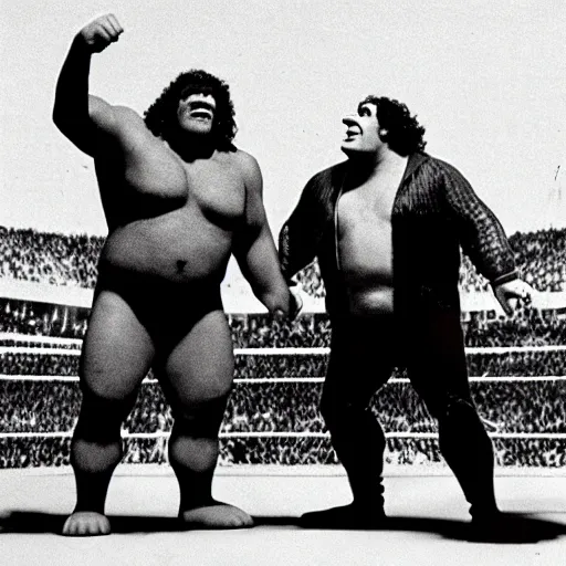 Prompt: shrek vs andre the giant at wrestlemania 8