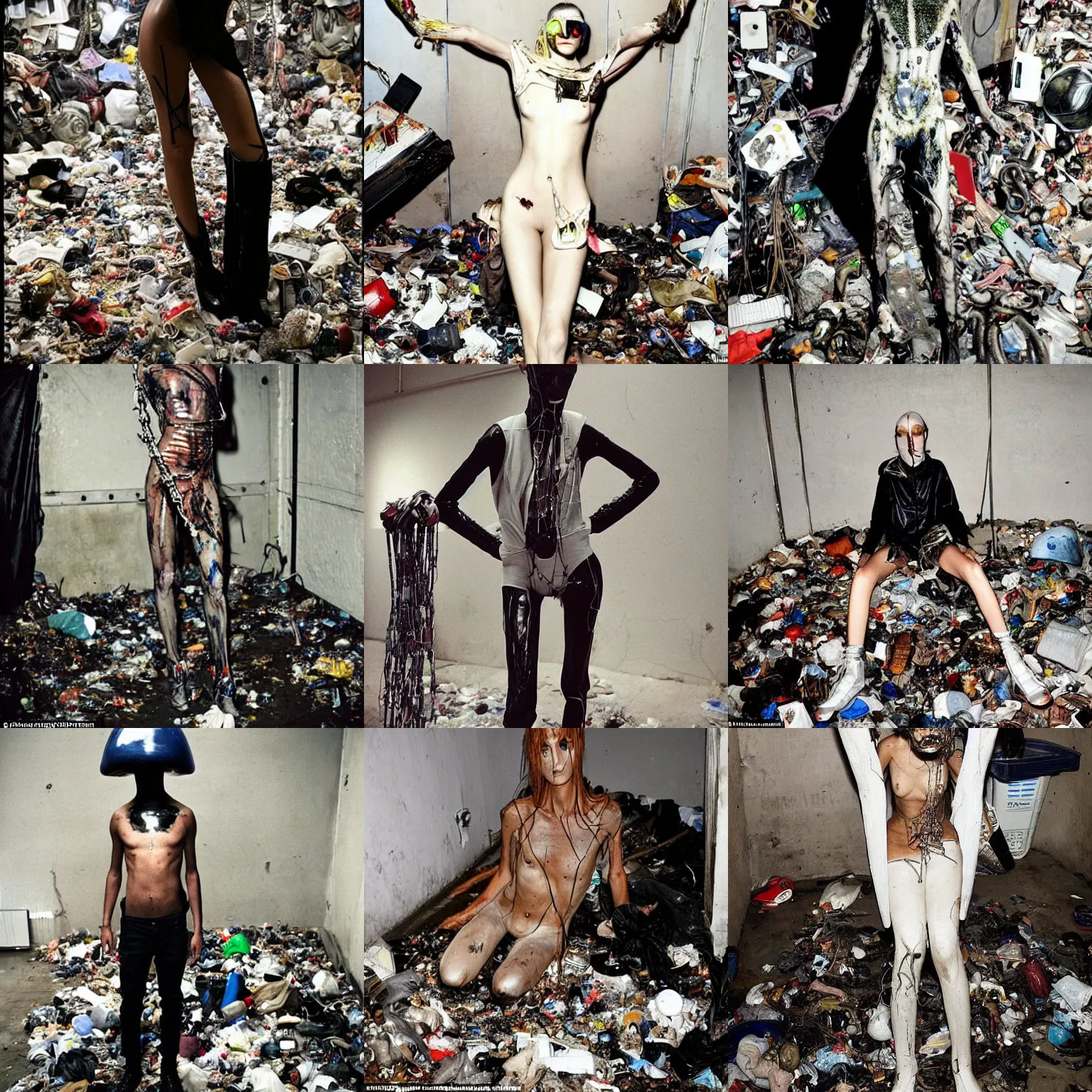 Prompt: alien high-fashion model by Juergen Teller in a dark small filthy concrete room full of garbage and trash and network cables cables cables chains chains chains everywhere