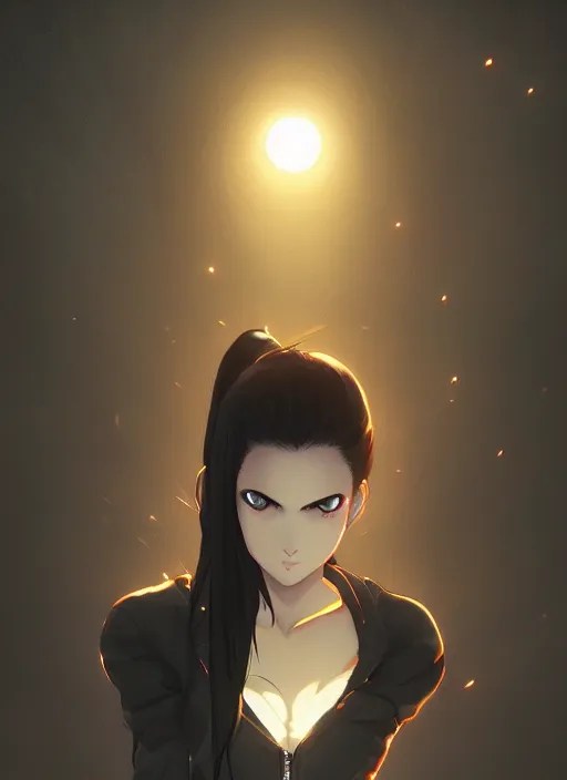 Image similar to black ponytail hair, pale woman in a black zipper jacket, yellow eyes, by artgerm, hair tied in a ponytail, white backdrop, soft lighting, night scene, by greg rutkowski makoto shinkai takashi takeuchi