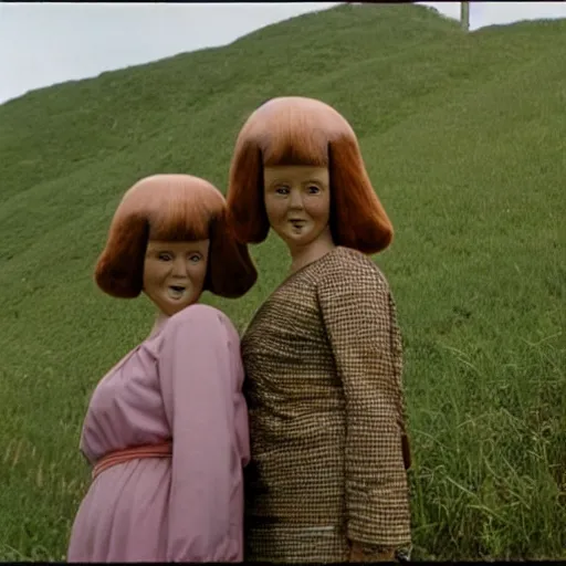 Prompt: two middle aged woman with inflatable heads on top of their heads, wearing dresses, in the hillside, 1976 French film, archival footage, technicolor film expired film live-action, 16mm