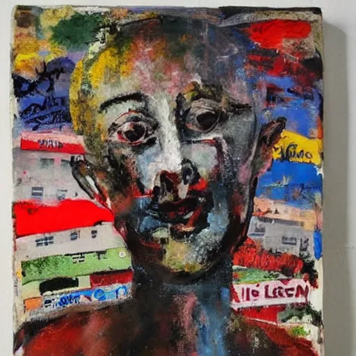 Image similar to artistic dirty art acrylic painting, figure of a doll, paint brushstrokes and squeegeed dirty artwork, art by peter blake, surreal, human figures, low tons colors, world leaders of terror 2 1 th century