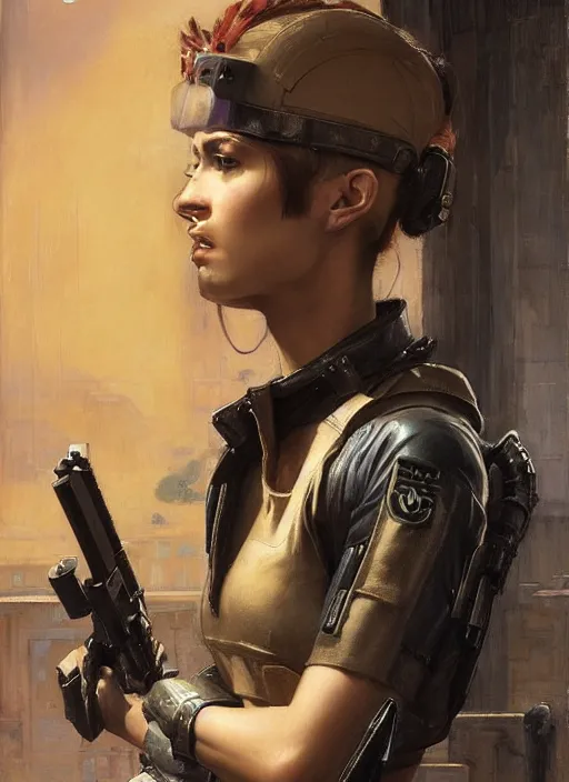 Prompt: athena. beautiful cyberpunk female USN marine wearing a military vest and military jumpsuit (cyberpunk 2077, bladerunner 2049). gorgeous face. Iranian orientalist portrait by john william waterhouse and Edwin Longsden Long and Theodore Ralli and Nasreddine Dinet, oil on canvas. Cinematic, hyper realism, realistic proportions, dramatic lighting, high detail 4k