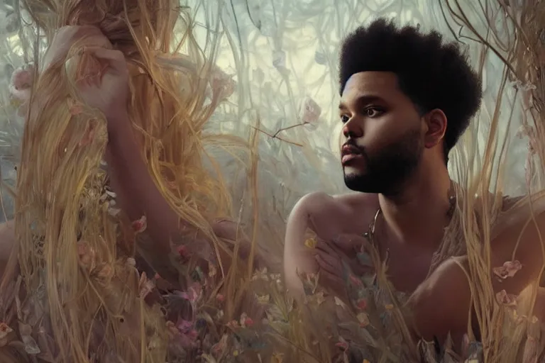 Image similar to Music video screenshot of The Weeknd song Save your tears, unreal, fantasy, intricate, elegant, dramatic, highly detailed, photorealistic, digital painting, painterly, artstation, concept art, smooth, sharp focus, art by John Collier and Krenz Cushart and Artem Demura and Alphonse Mucha and Albert Aublet