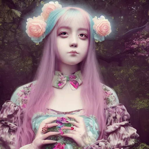 Image similar to 8 k, octane render, realism, tonalism, renaissance, rococo, baroque, cotton candy, portrait of a creepy young lady wearing long - harajuku manga - dress with flowers and skulls