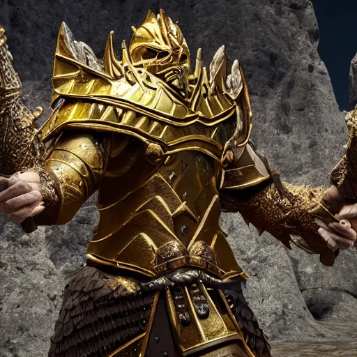 Image similar to 8k unreal engine render of a dragonborn paladin with golden scales from dungeons and dragons, fierce, symmetrical face, holy sword in his hands, gleaming armor, ancient persian city, insanely detailed, depth of field unreal engine ultra-wide angle lens, volumetric lighting, vivid color