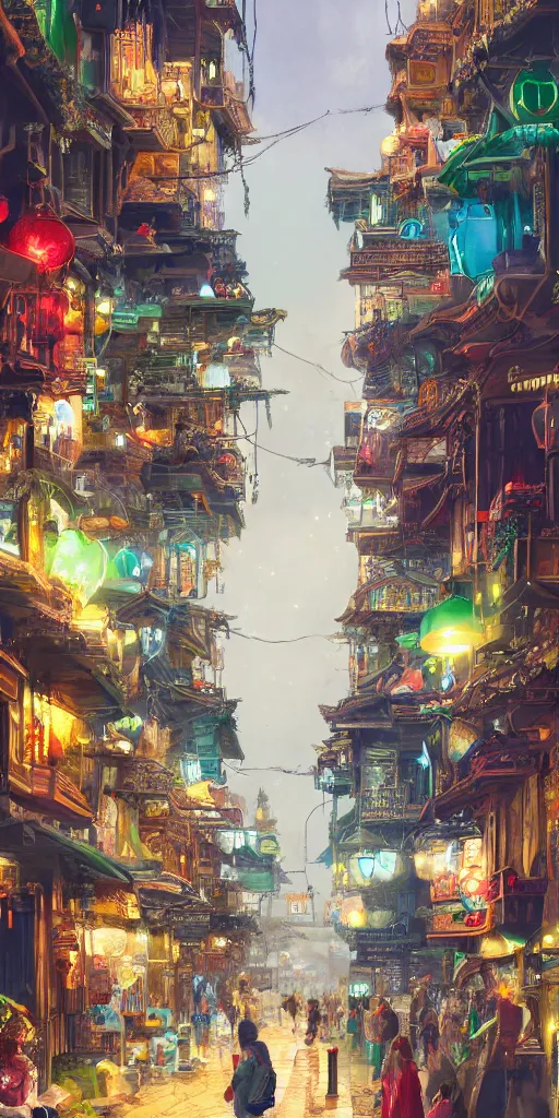 Image similar to Street view of a magical eastern civilization at day, built around ocean, full with people, a lot of lights, huge architectures. Trending on artstation