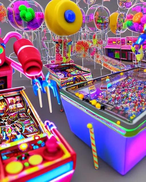 Prompt: crowded city made of arcade machines and buildings made of candy, cute elaborate epic robot, candy colors, pinball machine parts, symmetrical, bubbles everywhere, video game consoles, colored wires, translucent, clear parts, detailed by pokedstudio, rendered in blender, 3 d models