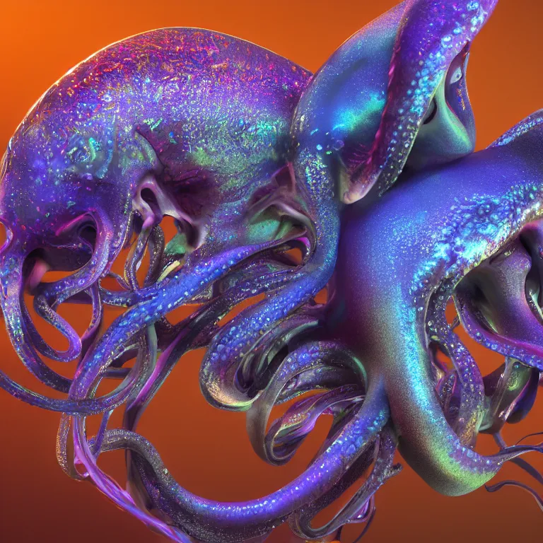 Prompt: octane render portrait by wayne barlow and carlo crivelli and glenn fabry, a shiny glowing colorful deep ocean mariana trench fish squid octopus jellyfish creature made out inflated clear iridescent plastic and bioluminescence, cinema 4 d, ray traced lighting, very short depth of field, bokeh