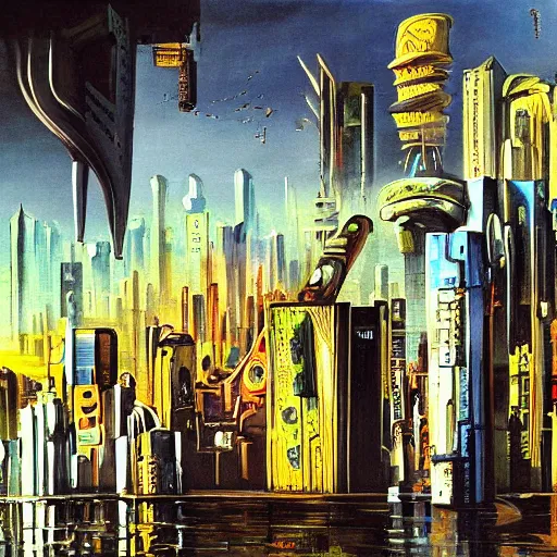 Image similar to a painting of cyberpunk city, salvador dali style