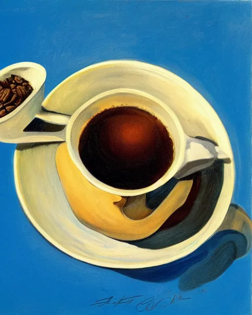 Prompt: salvador dali's 'brain in cup of coffee', still life, far shot, blue background, vibrant, brain, realism
