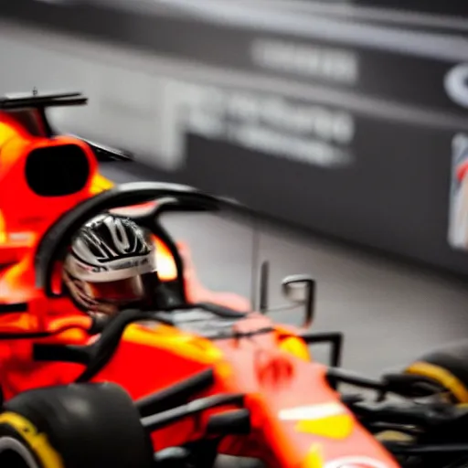 Image similar to close up of max verstappen in the mercedes f 1 factory, dramatic shot, great photography, ambient light, l