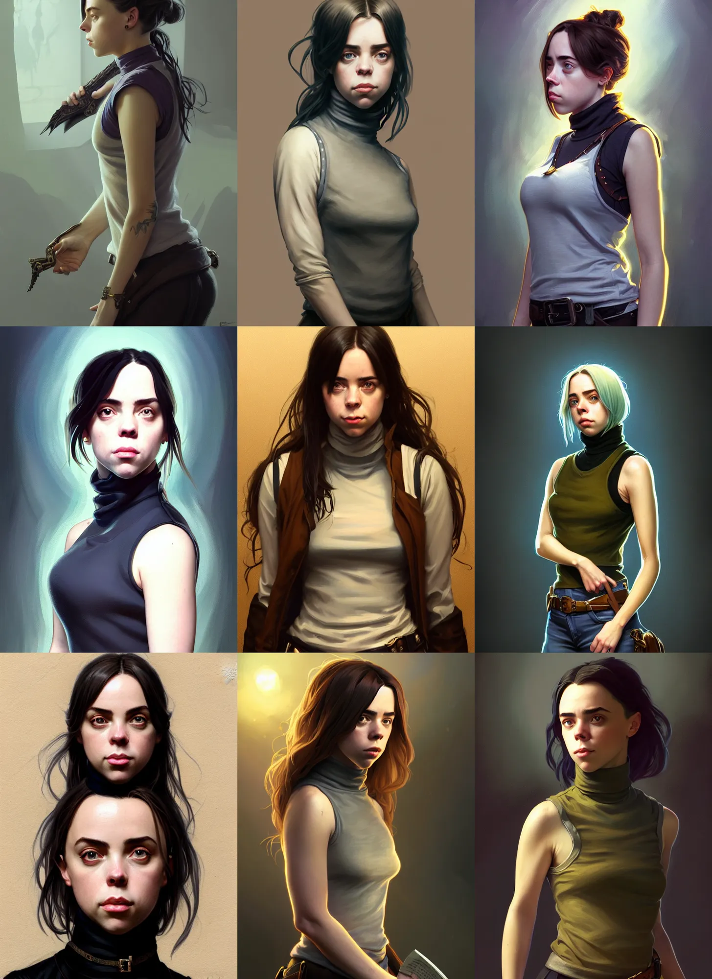 Prompt: portrait of a full body of beautiful young female detective, d & d, sleeveless turtleneck, fantasy, flat lighting, intricate, highly detailed, digital painting, artstation, concept art, smooth, sharp focus, illustration, billie eilish, art by simon bisley and greg rutkowski and alphonse mucha, natural tpose