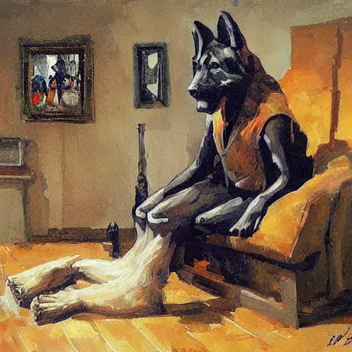 Image similar to a humanoid german shepherd beast - man, sitting and watching a soccer match in his house on television, he has hurt his knee and is a dad, by erin hanson, alexi zaitsev, karl spitzweg, award winning, tv set