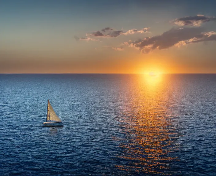 Prompt: 4 k hd, high detail photograph of a sail boat in the sea at sunrise, shot with sigma f / 4. 2, 2 5 0 mm sharp lens, wide shot, isometric view, volumetric lighting, reflection, high level texture render