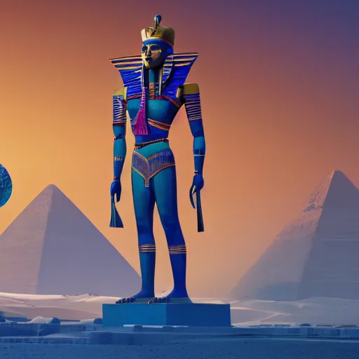 Prompt: vibrant matte painting of a cool Egyptian robot, with the cosmos in the background, trending on artstation, unreal engine, 3D 4k, matte painting, shiny