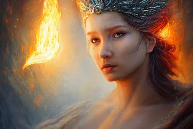 Prompt: Majestic painting of a beautiful young female fire goddess!! being corrupted by ice, intricate, epic, elegant, menacing, fantasy, highly detailed, digital painting, hard focus, beautiful volumetric lighting, epic light, ultra detailed, souls, smoke, icicle, frozen by Leesha Hannigan, Ross Tran, Thierry Doizon, Kai Carpenter, Ignacio Fernández Ríos