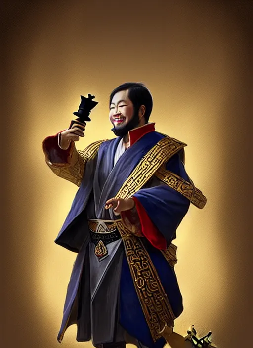 Image similar to gm hikaru nakamura dressed as a king, holding a chess piece fantasy portrait, artstation, extremely detailed artgerm greg rutkowski