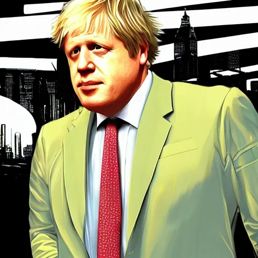 Image similar to Boris Johnson in GTA V, cover art by Stephen Bliss, boxart, loading screen