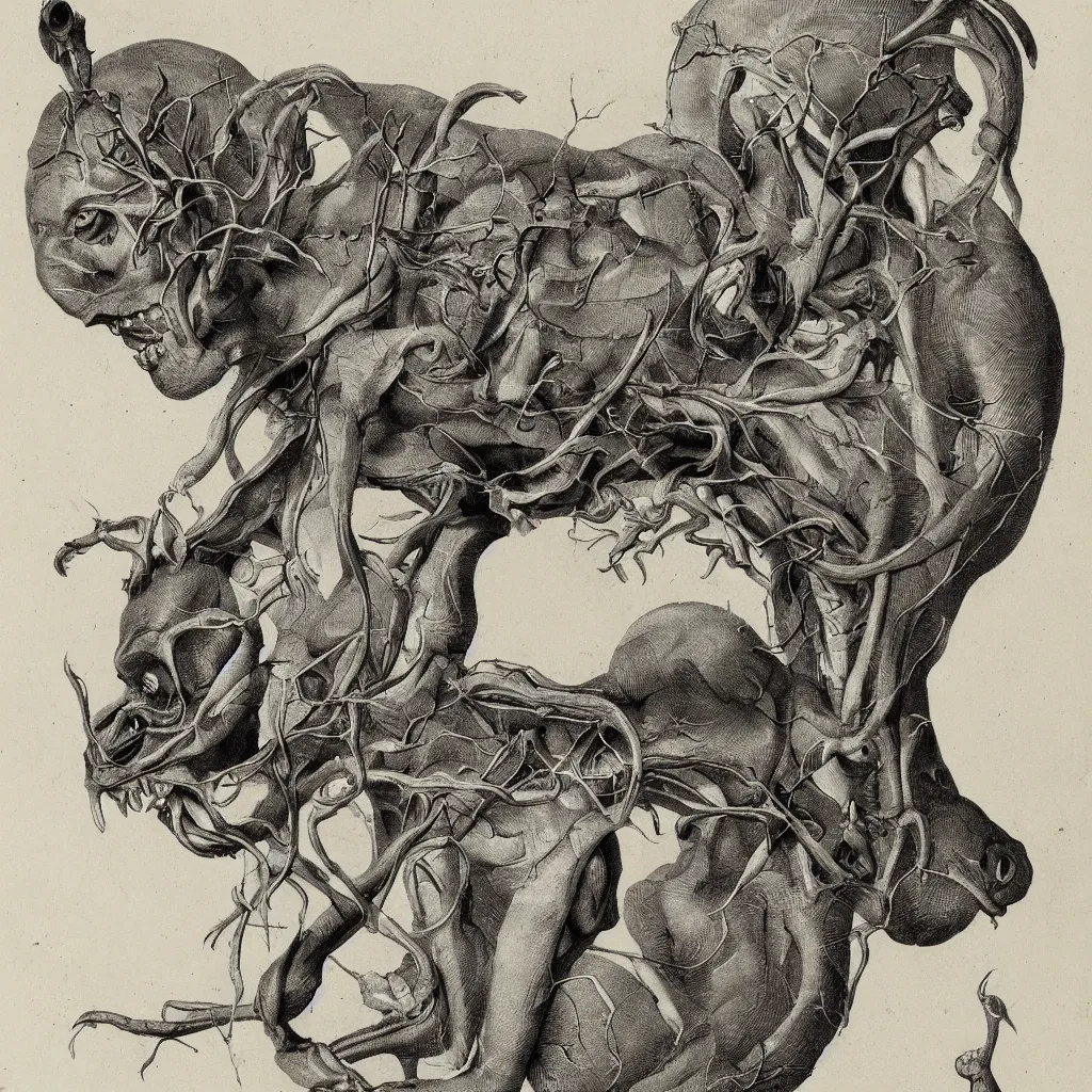 Prompt: anatomical engraving of an unknown specie, anatomical study of animal hybrids from another universe