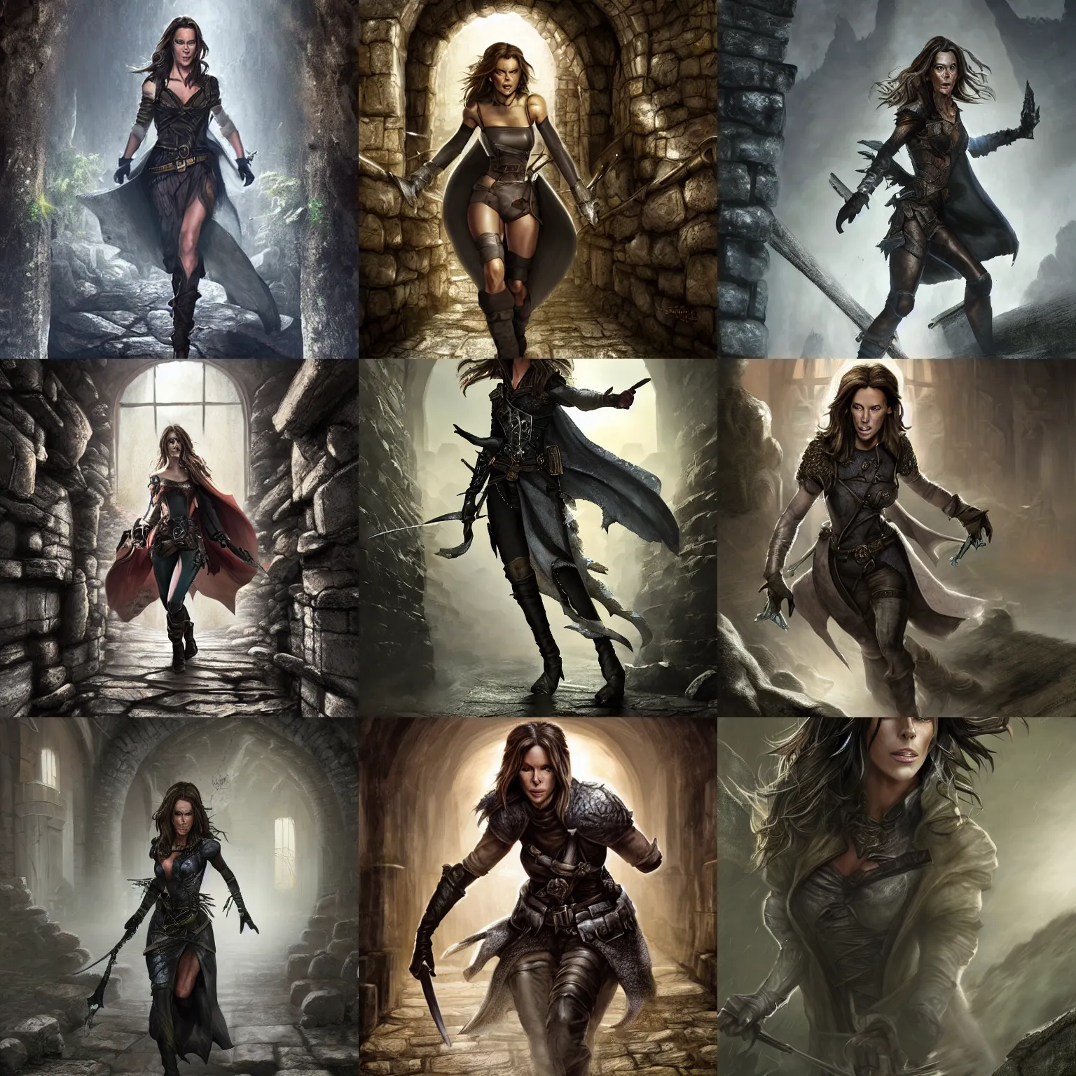 Prompt: kate beckinsale as dnd thief sneaking forward through gauntlet full of death traps, stone floor, very tall ceil, old wet dungeon, fantasy digital art, 4k