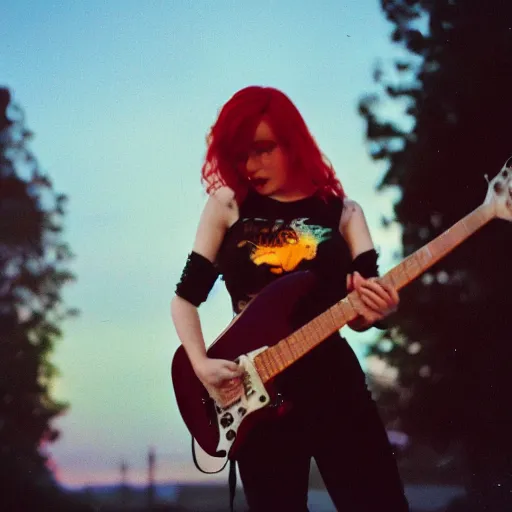 Prompt: high quality photo of a redhead punk girl playing electric guitar at dusk, Agfa Vista 800 film, Leica M9