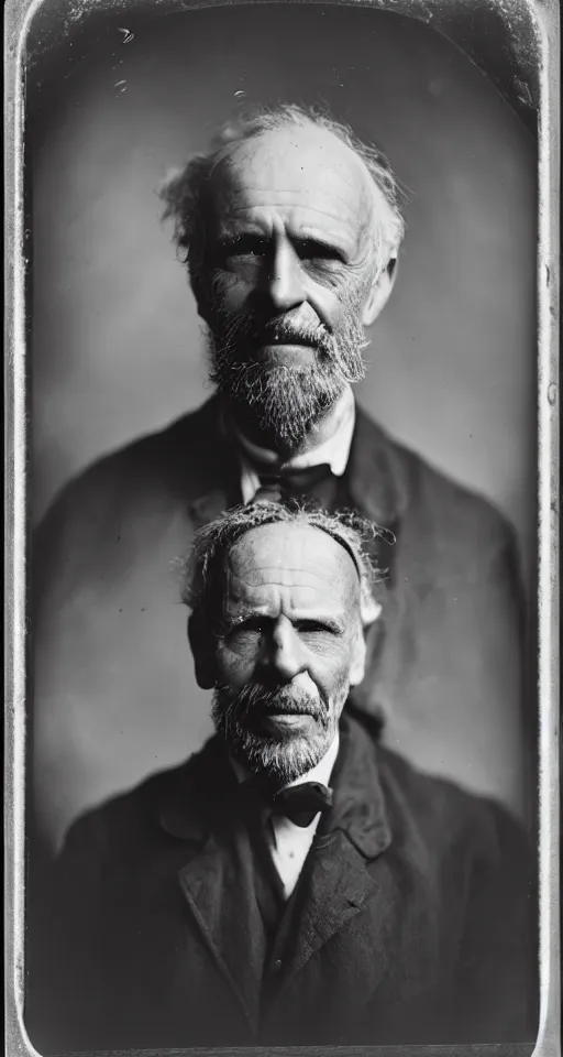 Image similar to a wet plate photograph, a portrait of a 50-year-old scientist