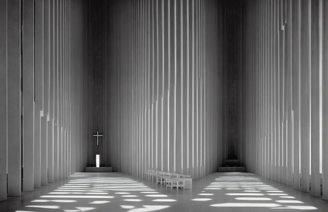 Image similar to in this church interior, vertical lines suggest spirituality, rising beyond human reach toward the heavens. directed by kurosawa fusing a dream world of imagination with closely observed reality intact flawless ambrotype from 4 k criterion collection remastered cinematography gory horror film, ominous lighting, evil theme wow photo realistic postprocessing suffolk landscape building by mies van der rohe