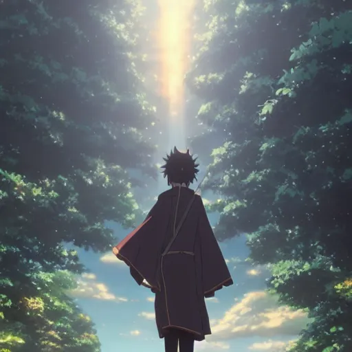 Image similar to A wizard in Your Name by Makoto Shinkai, wizard hat, anime key visual