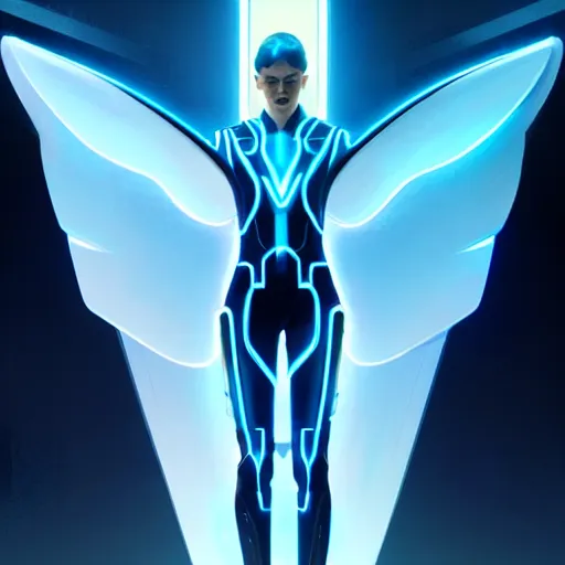 Image similar to tron legacy angel, diffuse lighting, hyper realistic, elegant, concept art, intricate, hyper detailed, smooth, sharp focus, illustration, trending on artstation, art by greg rutkowski and james gurney and alphonse mucha