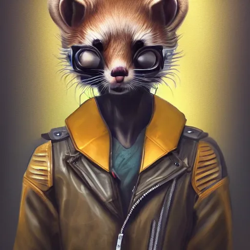 Prompt: cyberpunk anthropomorphic ferret pine marten with mohawk, wearing leather jacket, medium shot portrait, digital painting, trending on ArtStation