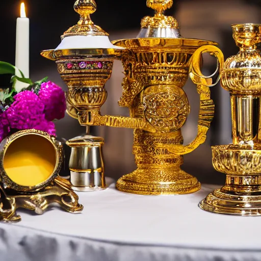 Prompt: product view of ornate Russian samovar on a table with candles, fruit and flower arrangements, photorealism, metal reflections, DSLR, 20mm lens, professional photography, elite, luxury, five-star, Michelin, photographic, CG Society, deep focus, extreme detail, razor sharp