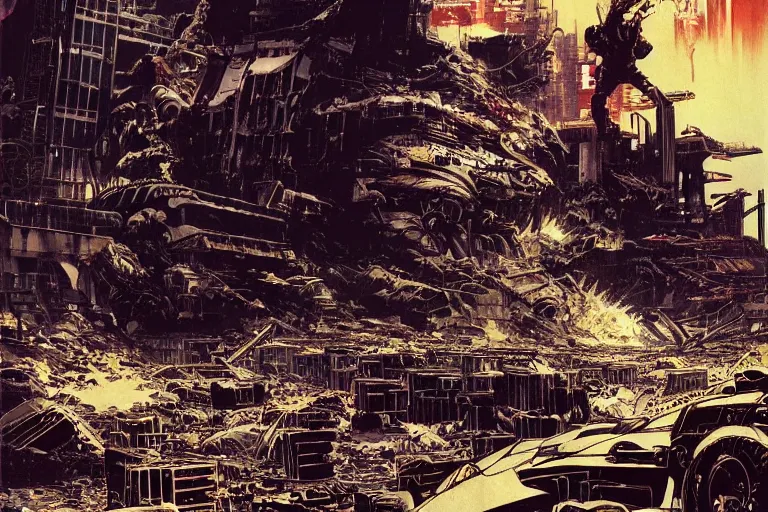 Prompt: full page illustration, Total destruction of Neo tokyo, buildings destroyed, rebar, waves by Katsuhiro Otomo, Phil hale, Ashley wood, Ilya repin, frank frazetta, 8k, hd, high resolution print