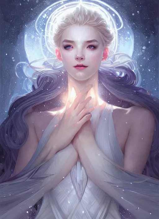 Image similar to a beautiful cinematic female winter goddess, cristal dress, ice wing, galatic shamen with quantum energy fantasy, fantasy magic, undercut hairstyle, dark light night, intricate, elegant, sharp focus, illustration, highly detailed, digital painting, concept art, matte, art by wlop and artgerm and greg rutkowski and alphonse mucha, masterpiece