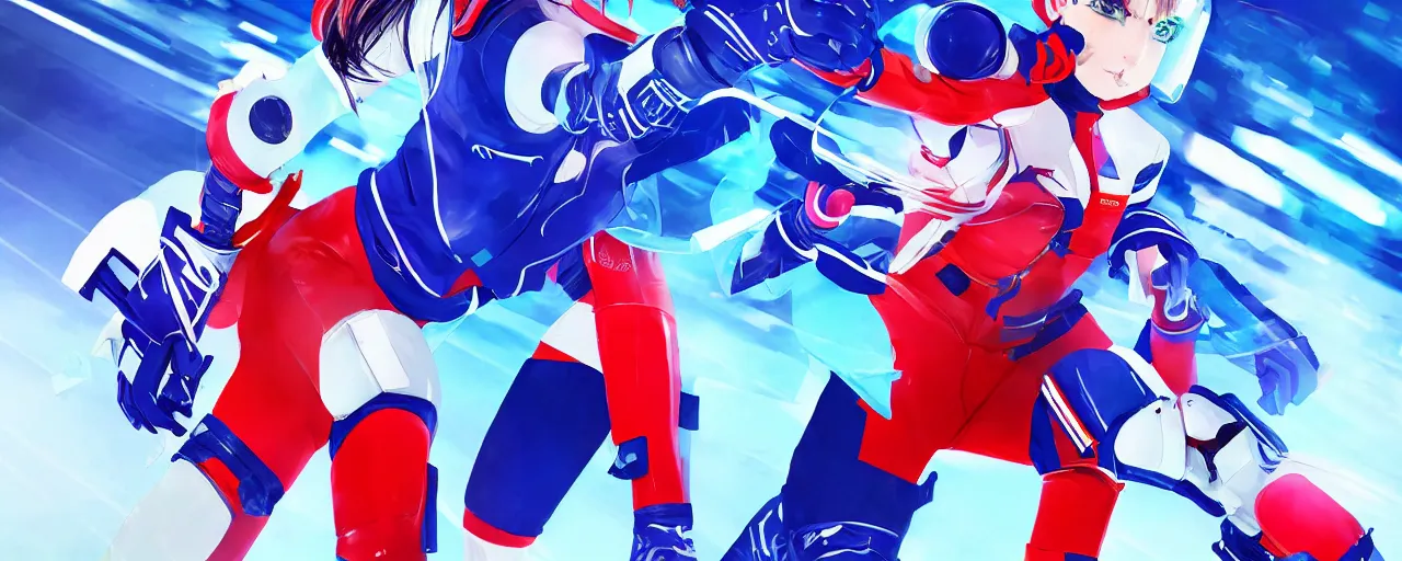 Prompt: a female anime cyberpunk super star ice hockey player, wearing a light futuristic equipment and conceptual space helmet, habs jersey with blue white and red color blocking, character concept exploration, outfit designs, trending on artstation, biggest ice rink in the galaxy