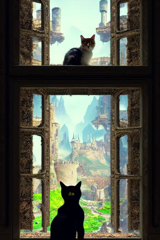 Image similar to humanoid cat looking out a castle window at his kingdom while a court jester waves at him, intricate detailed environment, photorealistic!, octane render, mechanical, concept art, cinematic lighting, digital art, interstellar, hyper realism, sharp, cyberpunk, 8 k, de dia los muertos. by angus mckie, moebius, maciej kuciara