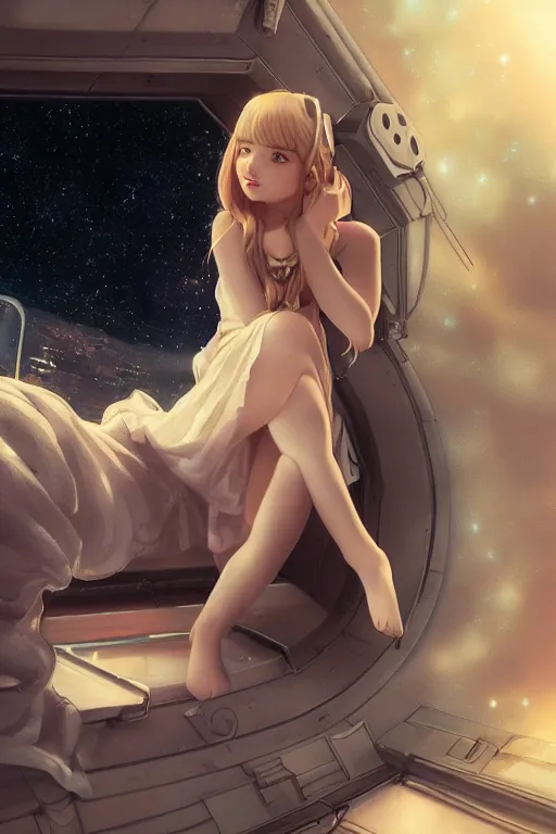 Image similar to girl sitting on a spaceship window, beautiful detailed dress, medium shot, smiling, by artgerm, by wlop, anime style, octane render
