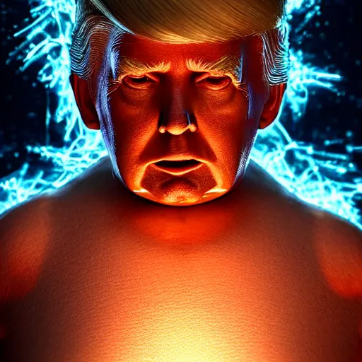 Image similar to donald trump as dipsy telletubbie full body detailed, ethereal, cyborg biomechanics, covered in blood diamonds and other gems glowing, highly detailed face, evil posed, evil expression, intricate, extremy detailed, beeple, cgsociety, 3 d unreal engine octane render. cinematic lighting, highly detailed 4 k art