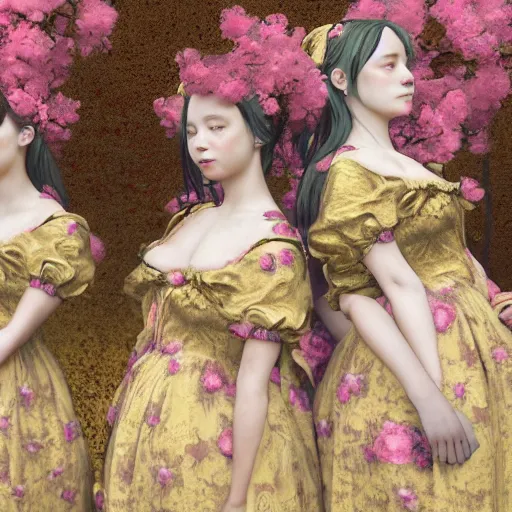 Prompt: 8k, octane render, realism, tonalism, renaissance, rococo, baroque, group of realistic creepy young ladies wearing long harajuku manga dress with flowers and skulls, background chaotic gold leaf flowers