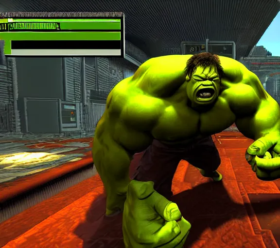 Prompt: hulk in the videogame doom, screenshot