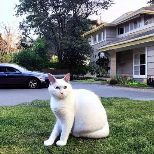 Image similar to a cat that is gigantic and sitting right next to a car outside of a house