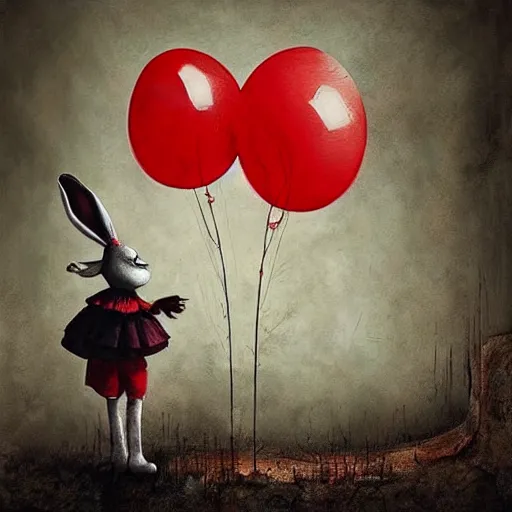 Image similar to surrealism grunge cartoon painting of a cartoon bunny and a red balloon by - michal karcz, loony toons style, pennywise style, horror theme, detailed, elegant, intricate